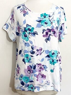 Croft & Barrow Women's White Floral Short Sleeve Tee Top - Aqua & Purple XXL